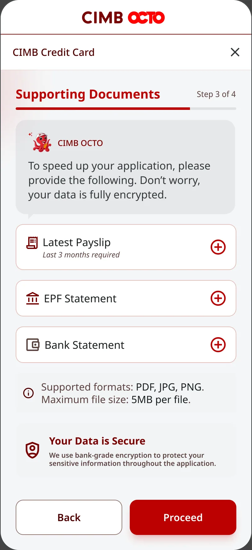 Step 3 of 4, Supporting Documents: payslip, EPF statement and bank statement uploads, supported formats and a data security note
