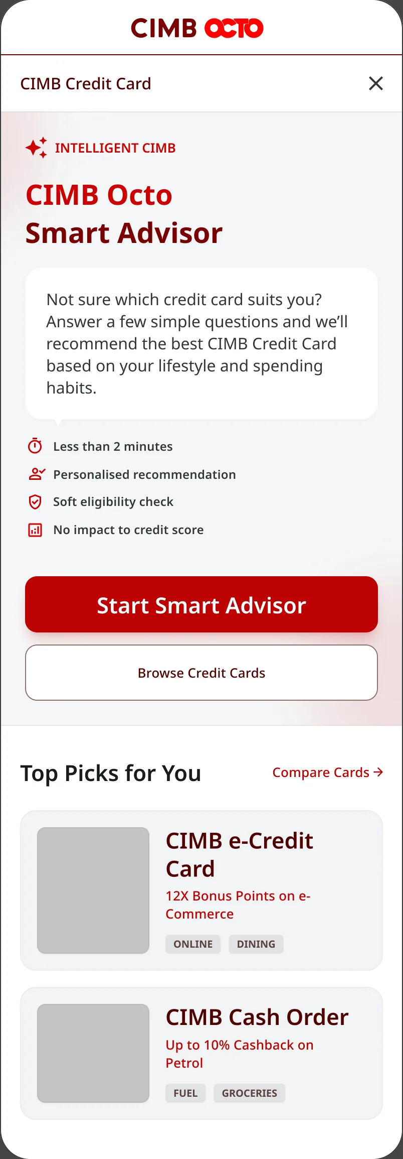 CIMB OCTO credit card home with a Smart Advisor entry, Start Smart Advisor and Browse Credit Cards, and Top Picks for You