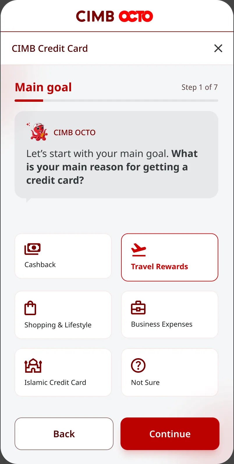 Step 1 of 7, Main goal: answer cards such as Cashback and Travel Rewards, with Travel Rewards selected