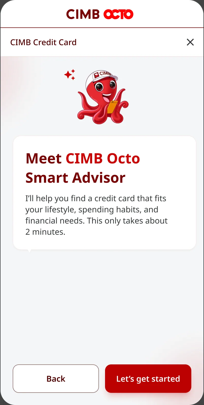 Meet CIMB OCTO Smart Advisor screen with the octopus mascot and Let's get started