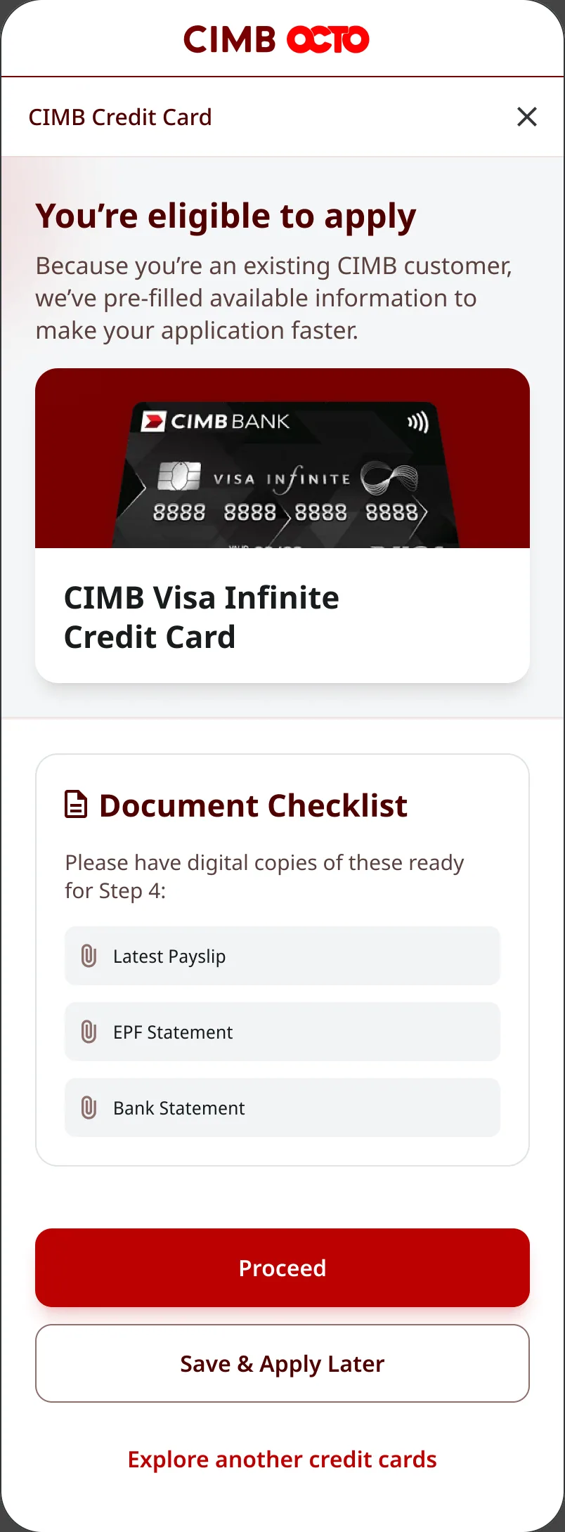 You're eligible to apply screen with the selected card, a document checklist, Proceed and Save & Apply Later
