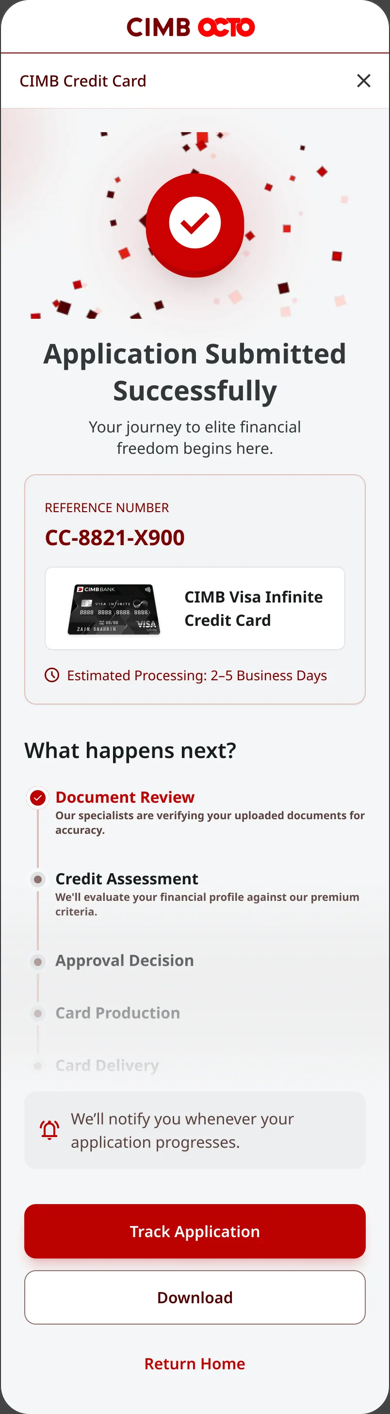 Application submitted screen with a Track Application button
