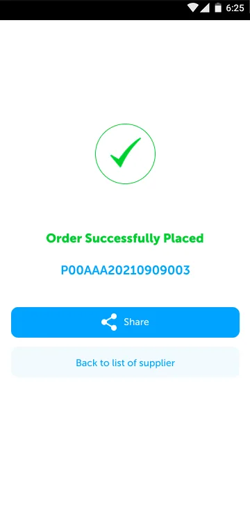 Supplier ordering app Order Successfully Placed screen with the order reference, a Share button and Back to list of supplier