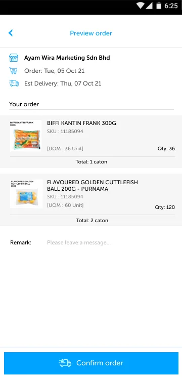 Supplier ordering app preview order screen with supplier, order and delivery dates, ordered items, quantities and a remark field
