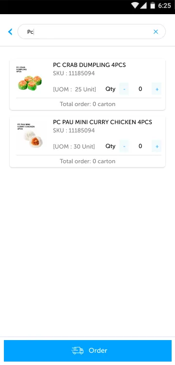 Supplier ordering app product search results with quantity steppers on each result