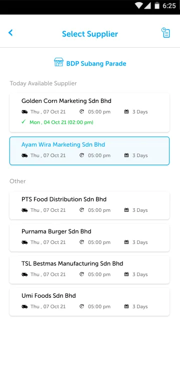 Supplier ordering app select supplier screen listing today's available suppliers and other suppliers with delivery date, cut-off time and lead time