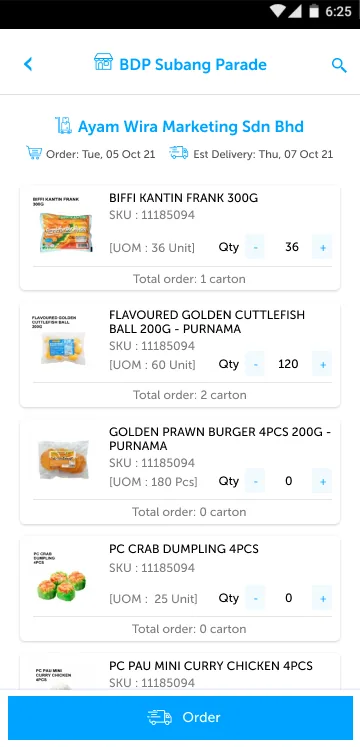 Supplier ordering app stock ordering list with product image, SKU, unit of measure, quantity stepper and carton total per item