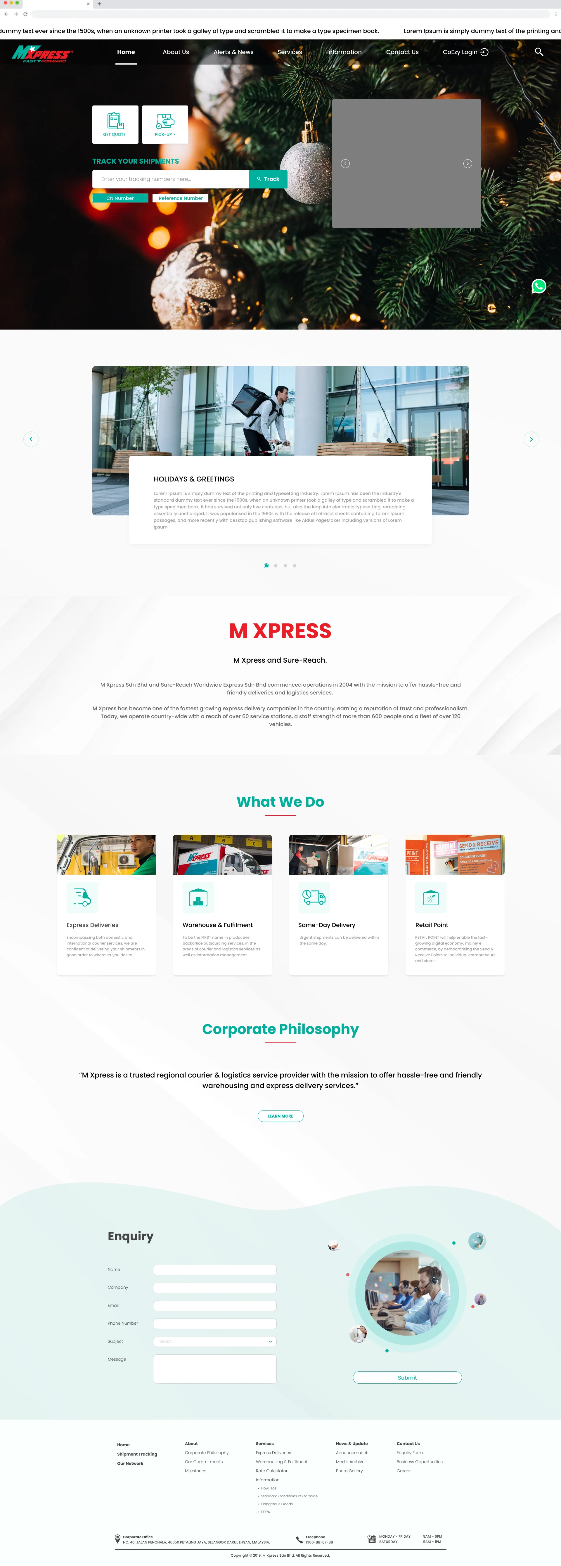 The full MXPress homepage: hero with quote, pick-up and tracking, a news carousel, company introduction, What We Do services, corporate philosophy, enquiry form and footer