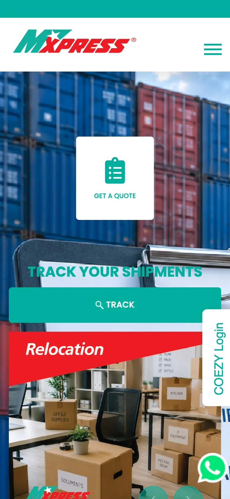 The live MXPress mobile homepage: the logo and menu button, a Get a Quote card, Track Your Shipments with a full-width Track button, and a Relocation service banner