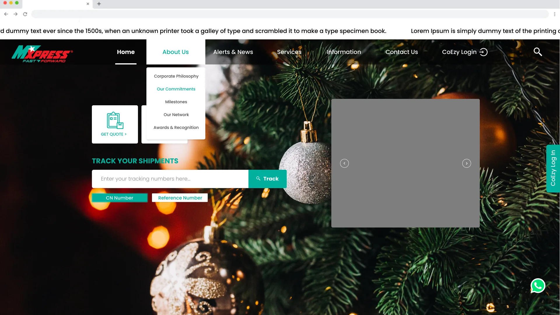 MXPress desktop navigation with the About Us dropdown open, listing the company sub-pages