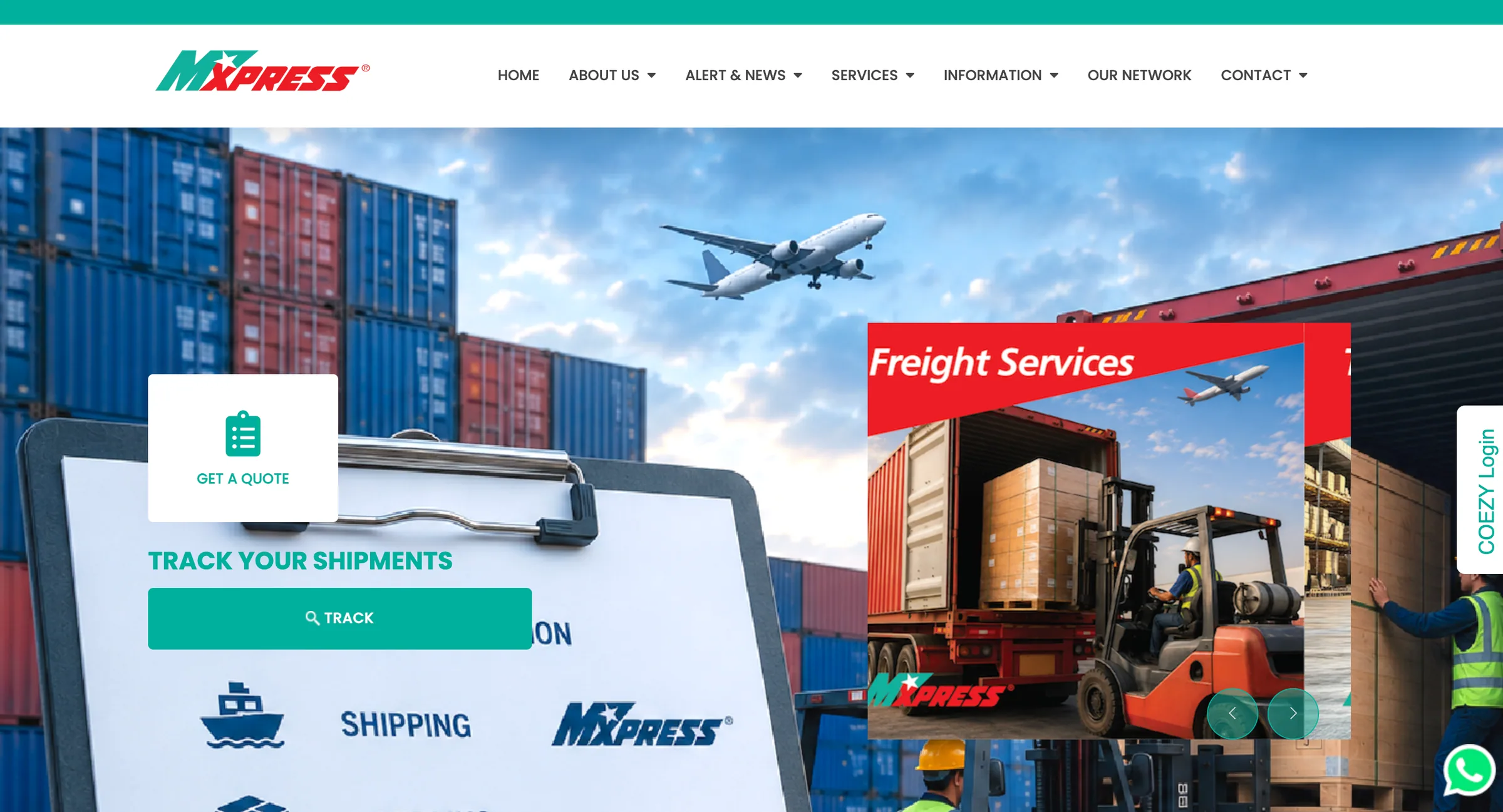MXPress homepage hero with a Get a Quote shortcut, a Track button and a service carousel featuring Freight Services