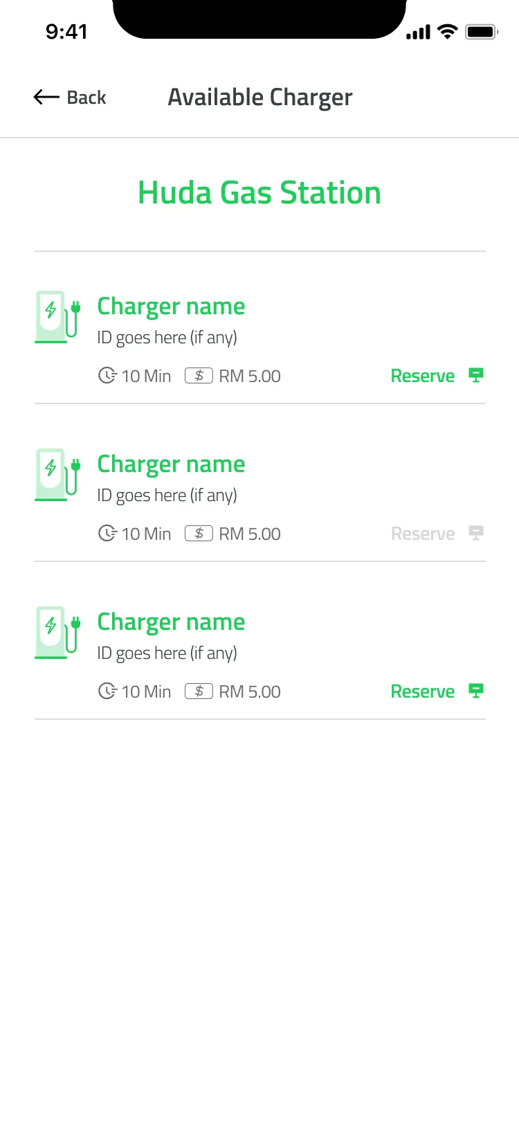 Pluginfinite Available Charger list for Huda Gas Station, each charger with time, price and a Reserve action, one of them unavailable