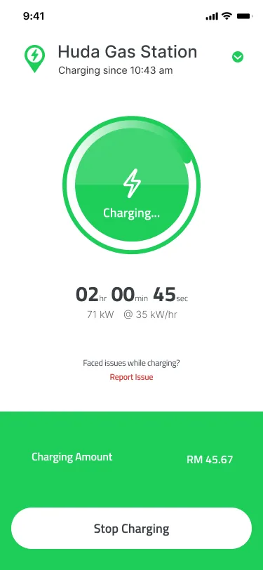 Pluginfinite charging screen for Huda Gas Station showing Charging, elapsed time 02 hr 00 min 45 sec, power, charging amount RM 45.67 and Stop Charging