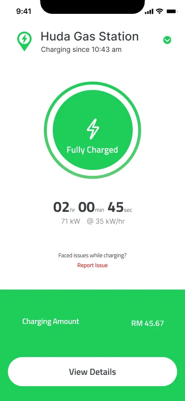 Pluginfinite charging screen showing Fully Charged, elapsed time, power, charging amount and View Details