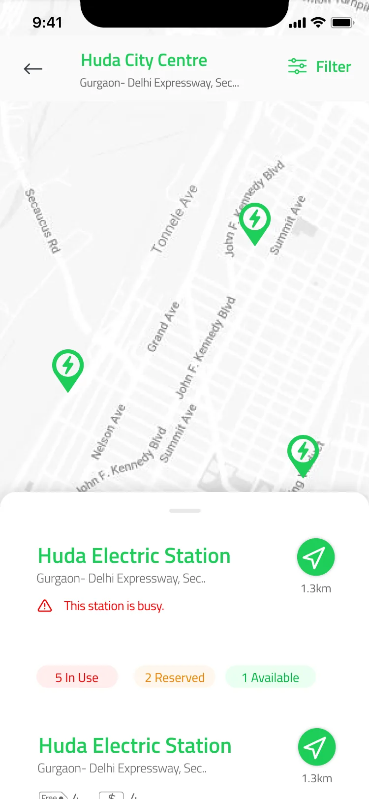 Pluginfinite nearby stations sheet over the map, with distance, a busy warning and in use, reserved and available charger counts