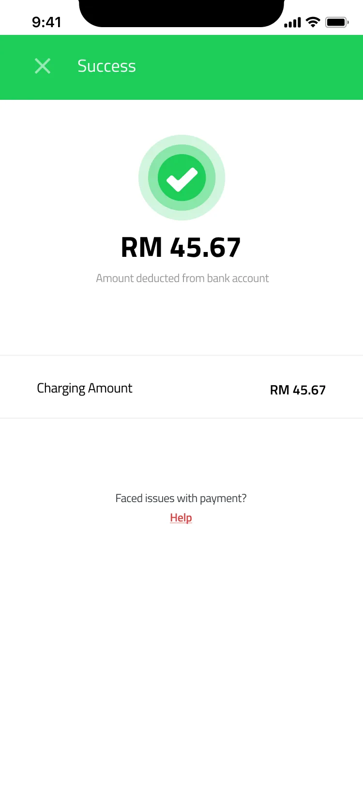Pluginfinite payment success screen showing RM 45.67 deducted from the bank account and a Help link