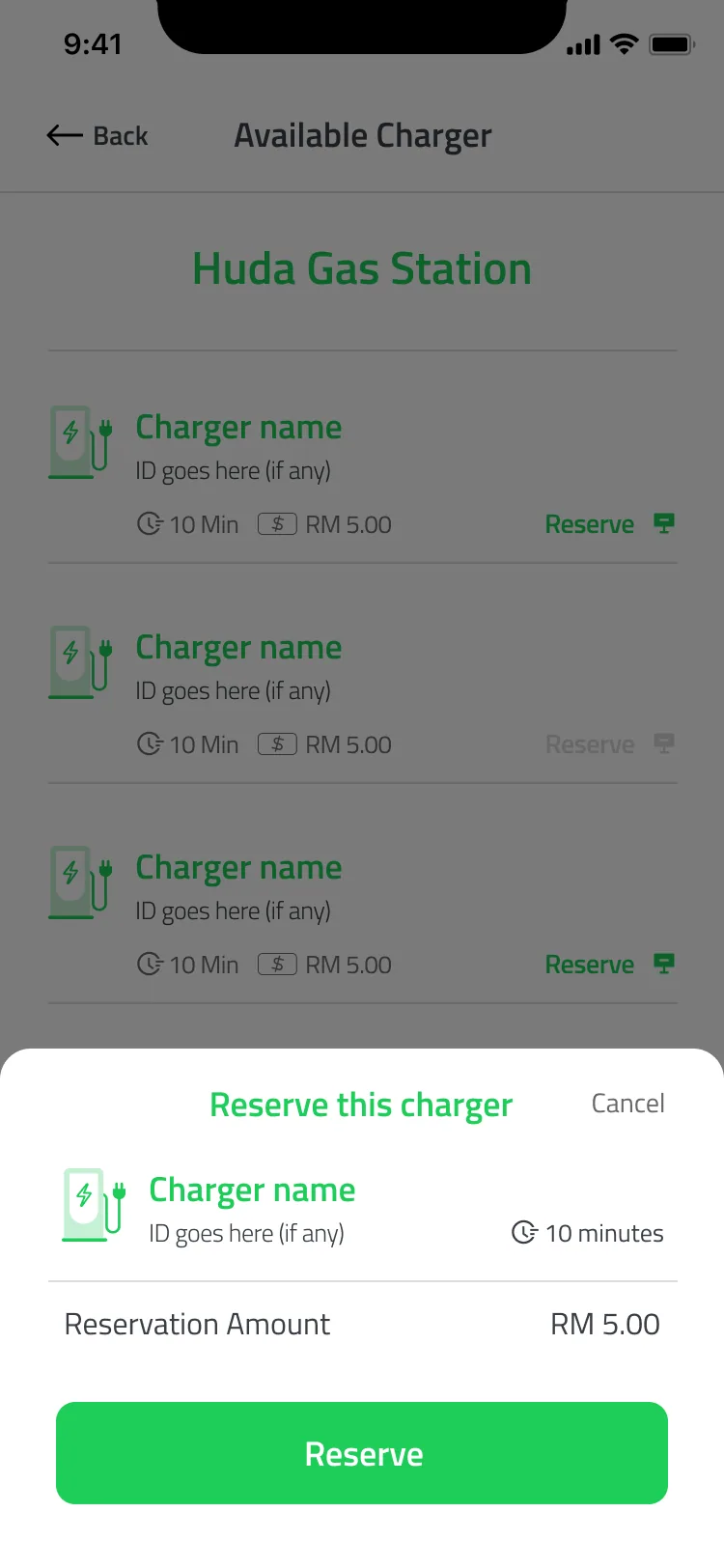 Pluginfinite Reserve this charger sheet with the charger, 10 minutes, reservation amount RM 5.00, a Reserve button and Cancel