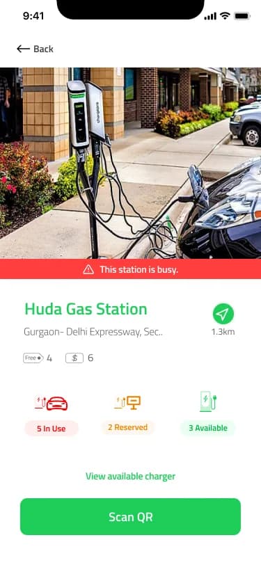 Pluginfinite station details with a photo, This station is busy alert, address, distance, charger availability and a Scan QR button