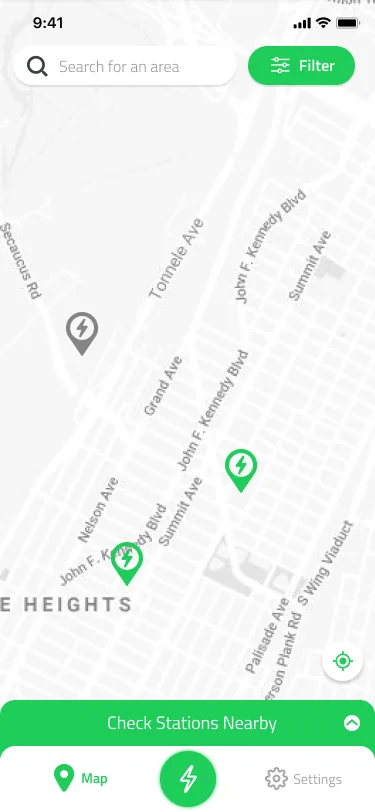 Pluginfinite map with charging station pins, an area search, a Filter button and a Check Stations Nearby panel