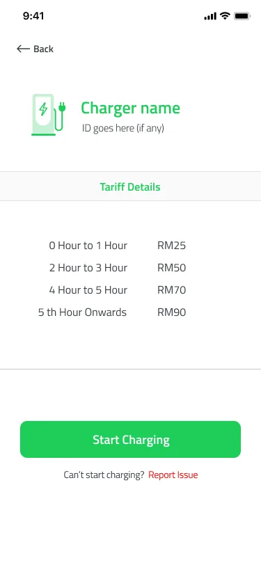 Pluginfinite charger screen with tariff details by hour, a Start Charging button and a Report Issue link