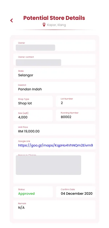 Store operations app potential store details: state, district, shop type, lot number, size, unit price, status and confirm date; owner, contact and person in charge masked