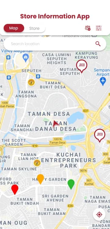 Store operations app map view with store pins, a location search and filter controls, with Map and Store tabs
