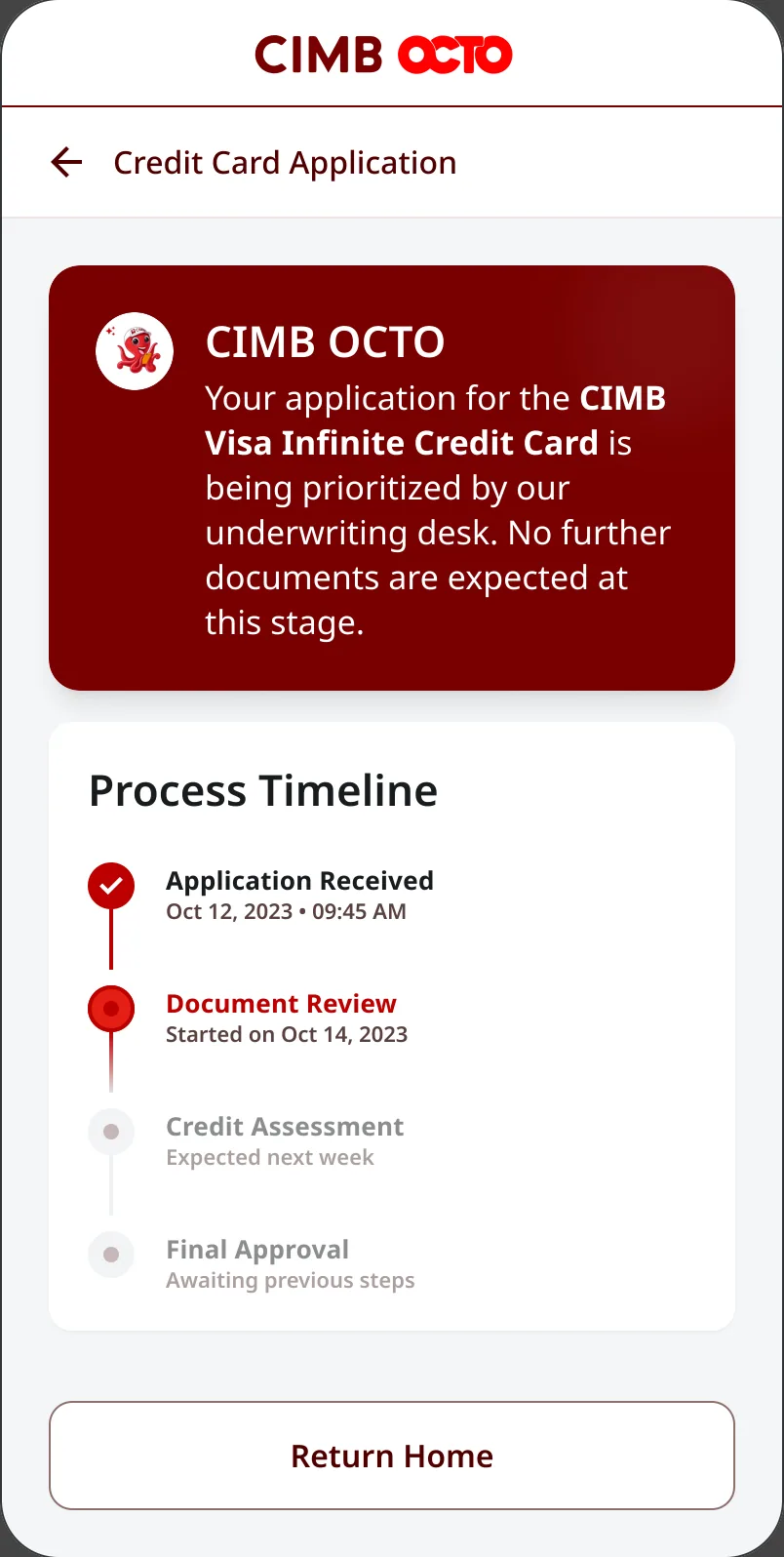 Credit card concept: application status timeline